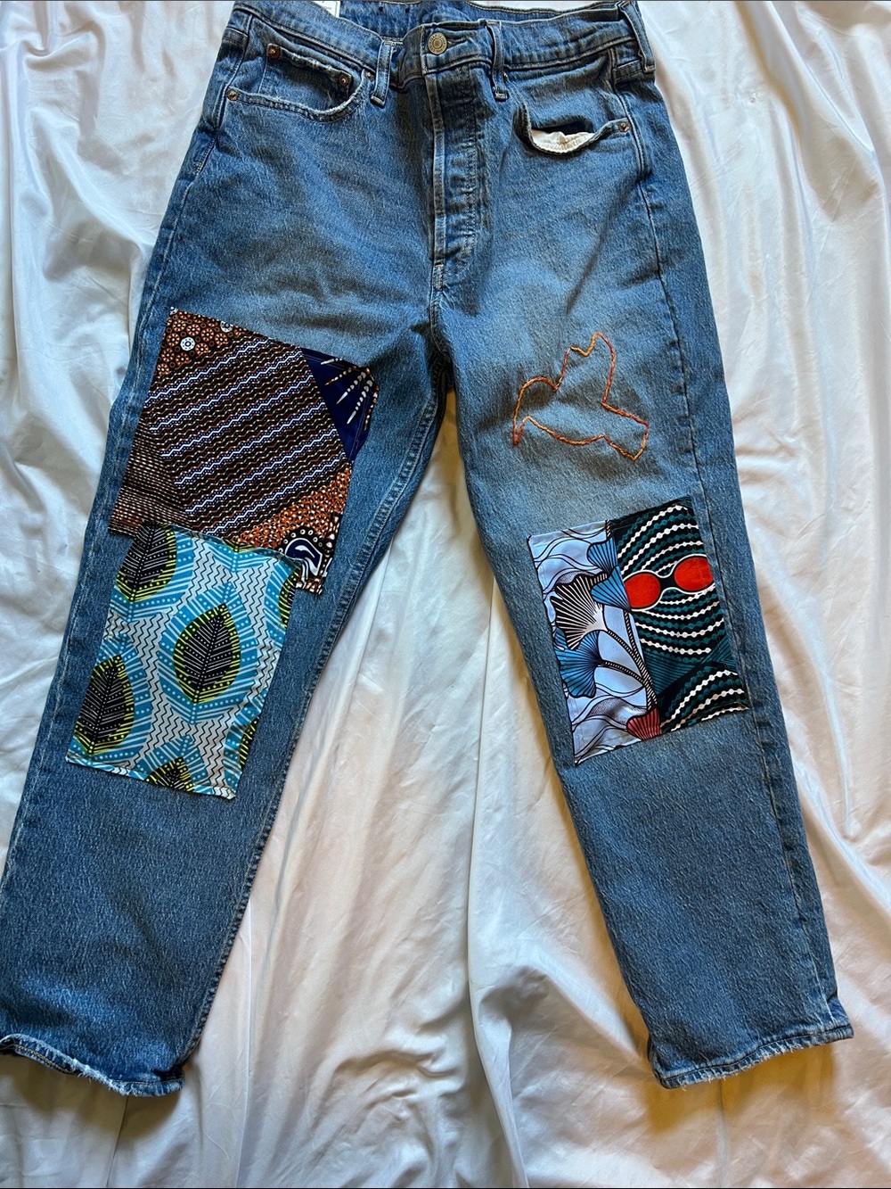 Blue Straight-Leg Women’s Jeans with Colorful Patchwork